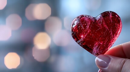 Poster - Red translucent heart held against blurred bokeh background. Romantic crystal or glass heart shape catching light creates dreamy Valentine's Day or love concept.