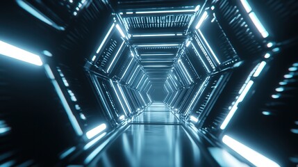 Aufkleber - glowing hexagonal tunnel that seems to stretch into infinity, with light patterns moving along its edges.