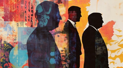 Poster - Modern artistic collage of silhouettes of world leaders with abstract patterns in a vibrant political color palette Generative AI