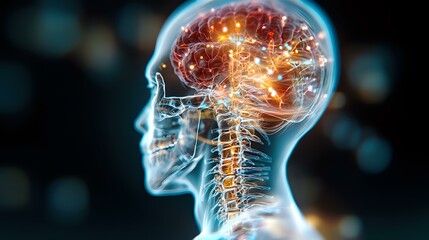 Poster - Glowing human brain and nervous system visualization showing neural activity and spine connection in transparent head profile on dark background.