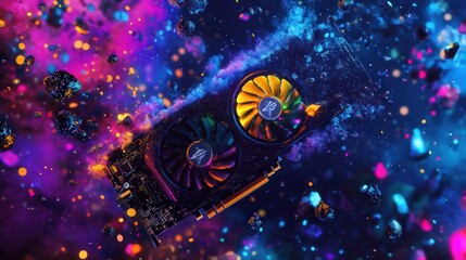 Aufkleber - graphics card surrounded by a galaxy of colorful particles in a digital space