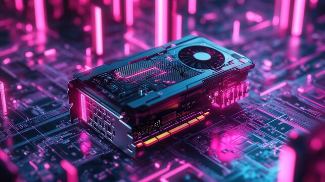 graphics card floating in a cybernetic world, surrounded by glowing circuits
