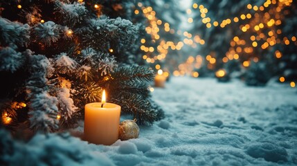 Poster - Lit candle in snow near decorated Christmas tree with bokeh lights.