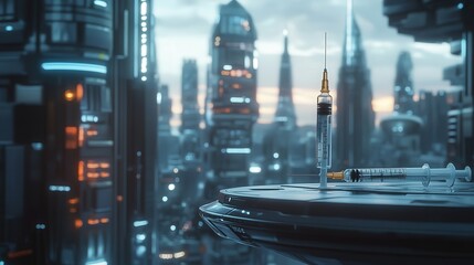 Poster - syringe placed atop a diagnostic table, with a futuristic cityscape visible in the background.