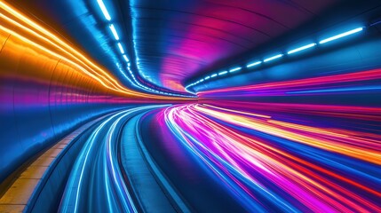 Poster - glowing neon tunnel, with colors fading into each other, creating a smooth and continuous flow of neon light that guides the viewer eye.