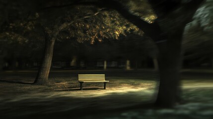 Poster - Lonely park bench at night under trees.
