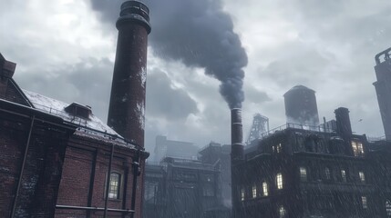Poster - factory chimney with steam billowing from its top, set against a backdrop of tall industrial buildings and a cloudy sky