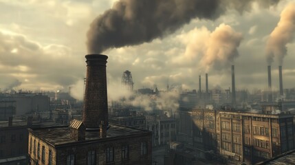 Poster - factory chimney with steam billowing from its top, set against a backdrop of tall industrial buildings and a cloudy sky