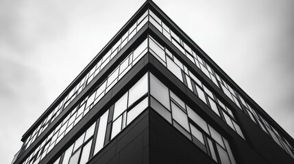 Aufkleber - Low-angle black and white shot of a modern building's corner, showcasing its geometric window design against a cloudy sky.
