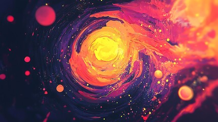 Poster - Abstract swirling vortex of vibrant colors.  A dynamic display of swirling hues, from vibrant oranges and reds to deep purples and blues.  Tiny particles and orbs are scattered throughout the design