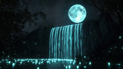Wall Mural - A surreal dreamworld where glowing waterfalls spiral upward to meet the full moon, stars scattered around like pearls