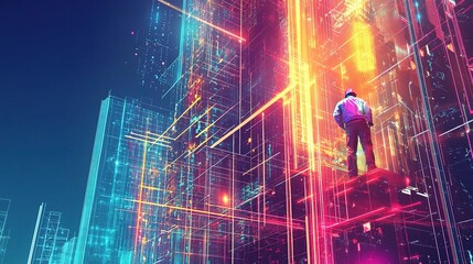 Poster - Digital Building Construction Illustration with Vibrant Colors and Depth