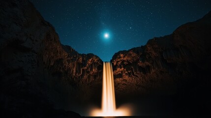 Wall Mural - a vertical glowing waterfall surrounded by cliffs, full moon above and stars forming mirrored conste