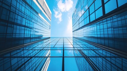 Poster - Stunning Glass Skyscrapers with Reflective Windows Under Blue Sky