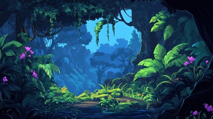 Poster - Lush green jungle path leading into a dense forest with vibrant foliage and flowers under a clear sky.