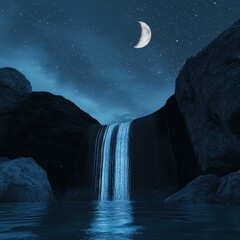 a peaceful alien spa beside a cascading waterfall, the sky filled with stars and a luminous hovering