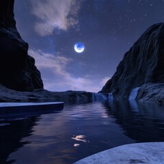 a peaceful alien spa beside a cascading waterfall, the sky filled with stars and a luminous hovering