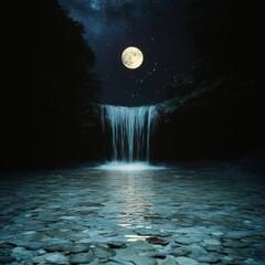 Wall Mural - a reflective pool beneath a glowing waterfall, full moon suspended above, constellations drifting ac