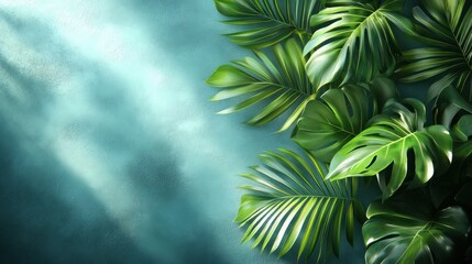 Aufkleber - Lush green tropical leaves arranged on a teal background with sunlight streaming from the upper left.
