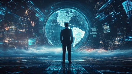 Poster - Businessman Standing Before Holographic Futuristic World Visualization