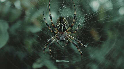 A banded garden spider resting on its web, macro focus on its symmetrical body pattern, blurred foliage backdrop offering text space.  