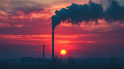 Poster - factory chimney towering against the setting sun, with the thick smoke creating a visual contrast with the vibrant sky colors.