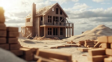 Poster - unfinished house surrounded by bricks, sand piles, and wooden planks.