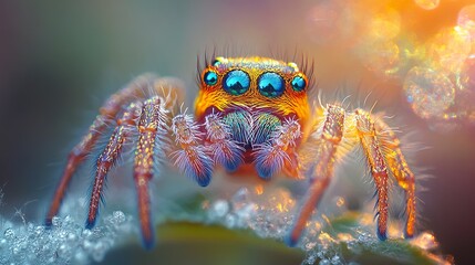 A detailed close-up of a peacock spider's fuzzy legs and textured body, intricate patterns glowing softly under gentle lighting, natural backdrop out of focus. 