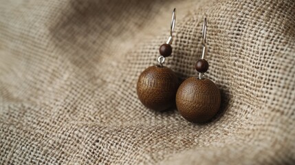 Poster - A close-up of a handcrafted pair of earrings with wooden beads placed on a soft, textured fabric background.