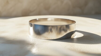 Poster - A close-up of a shiny silver cuff bracelet resting on a neutral-colored surface with clean space for modern branding or product design.