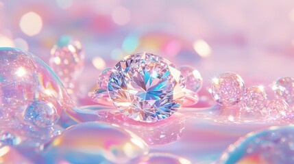 Poster - A close-up of a sparkling diamond ring resting on a soft pastel background, providing plenty of space for product branding.