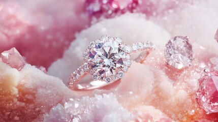 Poster - A close-up of a sparkling diamond ring resting on a soft pastel background, providing plenty of space for product branding.