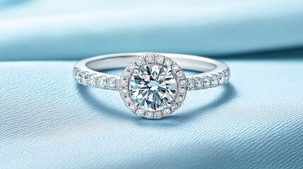 Poster - A close-up shot of a diamond ring with intricate design details on a smooth fabric surface, perfect for clean product visuals and branding.