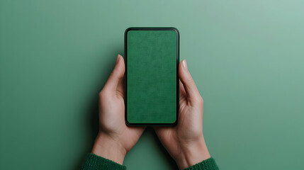 Hands Holding Smartphone Displaying Green Maze Pattern on Green Background