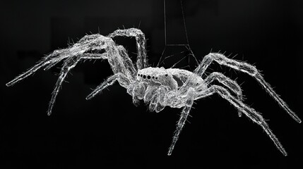 A spider dangling motionless on a fine silk thread, its intricate body and legs sharply defined, black background enhancing its eerie presence. 