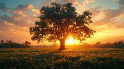 Poster - Majestic lone tree silhouetted against a vibrant sunset over a field of wildflowers.