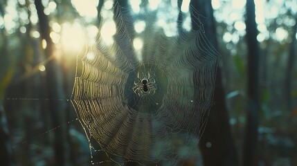A spider web with a black spider perfectly centered, intricate web strands glistening under soft natural light, blurred forest background.  