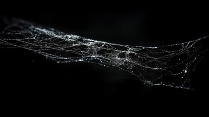 A spider web with intricate patterns, starkly visible against a black background, soft lighting accentuating its delicate structure. 