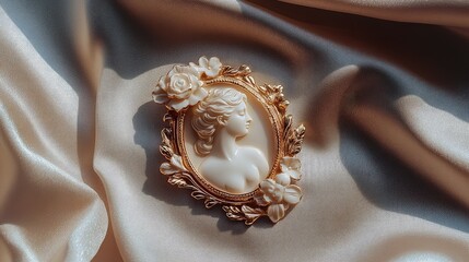 Poster - A vintage cameo brooch with floral detailing placed on a soft, neutral-colored fabric, offering plenty of space for branding.