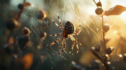 A spider with brown and black markings suspended on its web, delicate silk glowing softly in natural light, muted foliage creating a blurred backdrop. 
