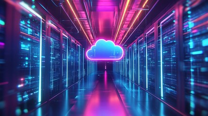 Poster - Vibrant 3D Rendered Cloud Icon in High-Tech Data Center Environment