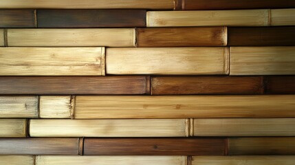 Poster - Horizontal bamboo wood panel wall with a smooth finish, warm golden hues, and a modern tropical aesthetic.