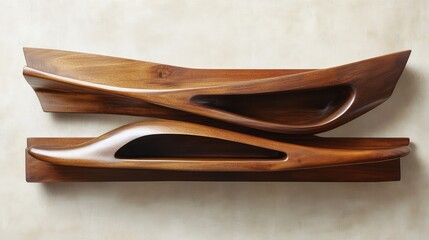 Poster - Mid-century modern wooden wall shelves on a light taupe background, warm and timeless aesthetic.