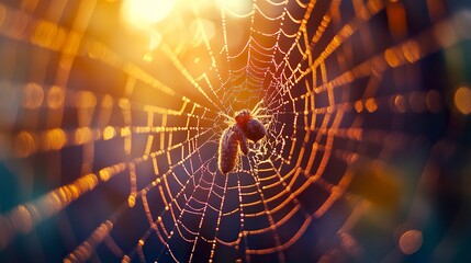 Argiope trifasciata poised in the center of its web, macro lens capturing fine details, natural blurred background designed for text placement. 