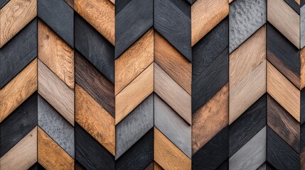 Poster - Modern geometric wooden wall with alternating dark and light wood panels in an artistic pattern.