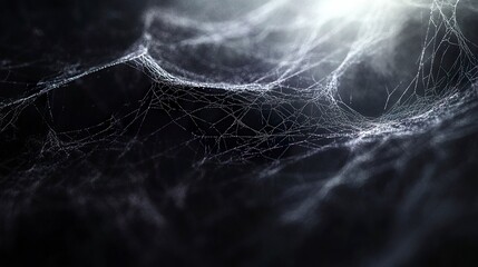 Black background with wispy, thin white spider webs descending from the sides, their intricate structure faintly glowing in dim lighting. 