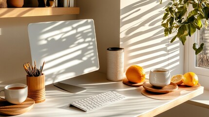 Poster - Sunlit home office desk with computer, tea, lemons, and art supplies.