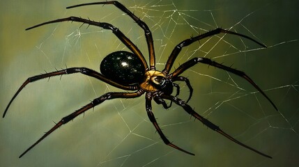 Brown and black spider sitting calmly on its web, intricate details of its body highlighted, glowing silk threads set against a soft green background.  