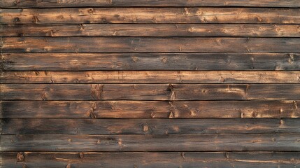 Poster - Rustic wooden wall with aged, dark brown planks, visible knots, and rich natural grain texture, perfect for a vintage or country-style background.