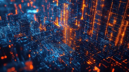 Poster - Abstract Tech City with Glowing Data Grid and Dynamic Visuals